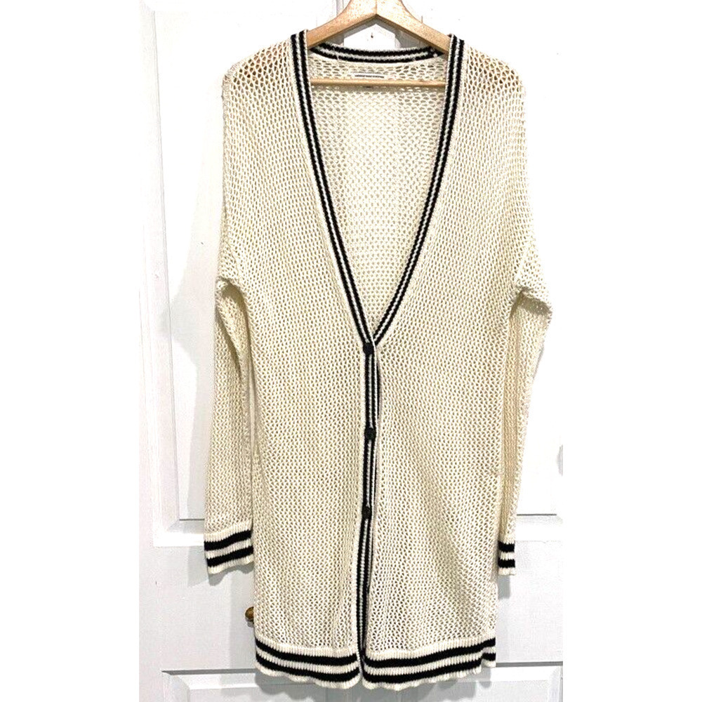 American Eagle Cardigan Women Beige Medium Button Up Crochet Sweater Knit